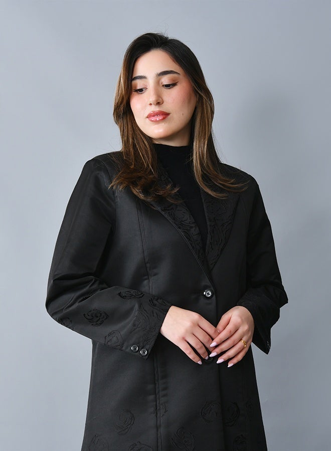 HAWRAA ABAYA Elegant blazer-style abaya with an A-line silhouette, crafted from refined fabric adorned with floral patterns - Image 4